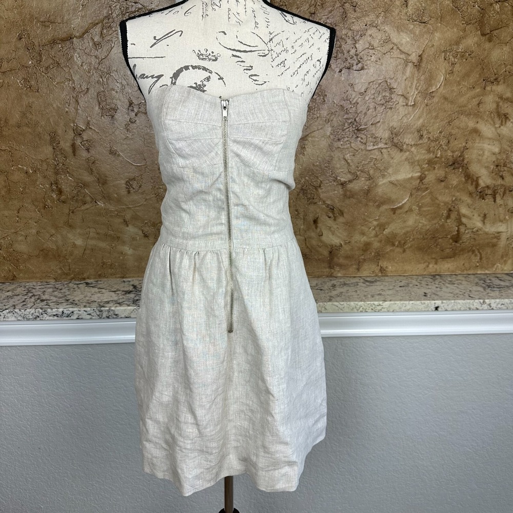 Nomia Strapless Linen Dress‎ Womens Small Mini Zip Up Fit & Flare Tan Sundress